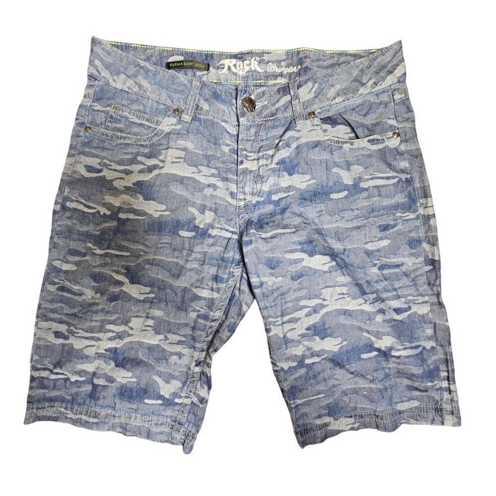 Wrangler Rock 47 Ultra‎ Low Rise Camo Shorts Blue Womens 30 Bermuda WHH23PT